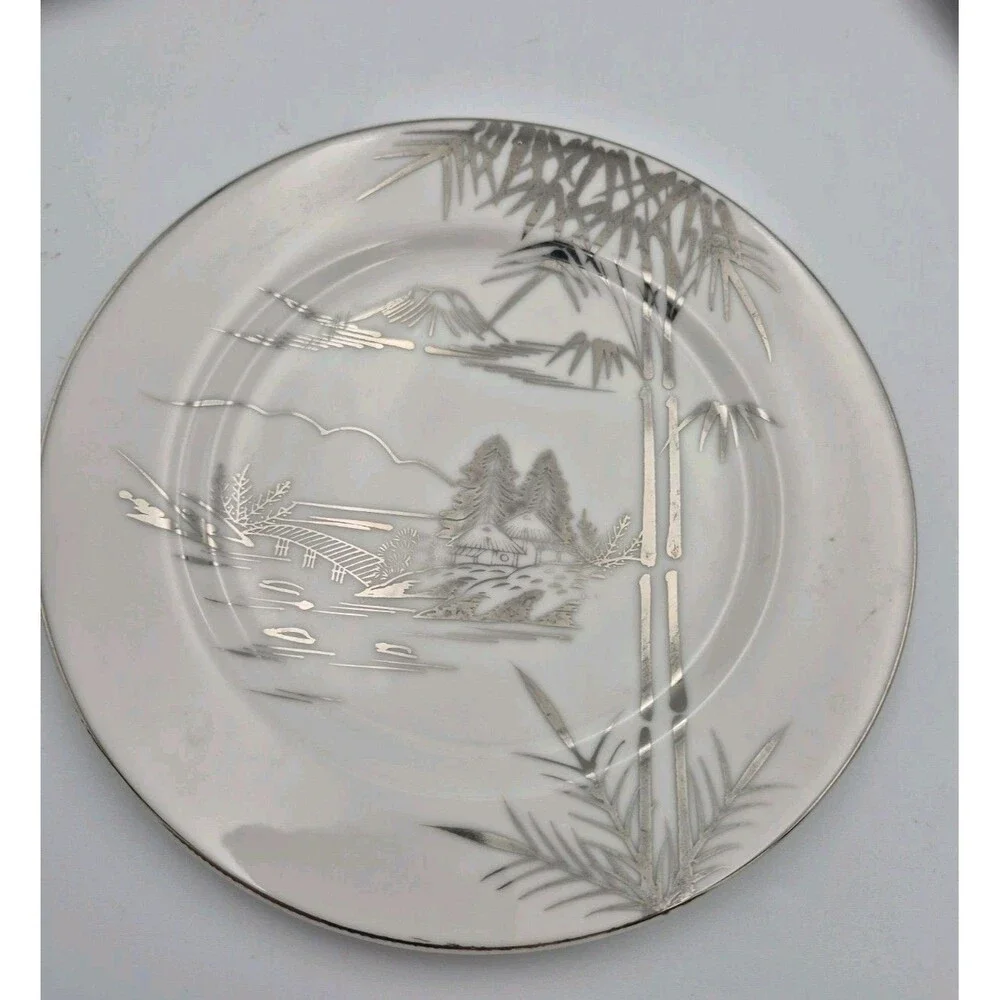 Antique Kutani Japanese China 2 Bread Plates, Mt Fuji Bamboo design 2 Saucers